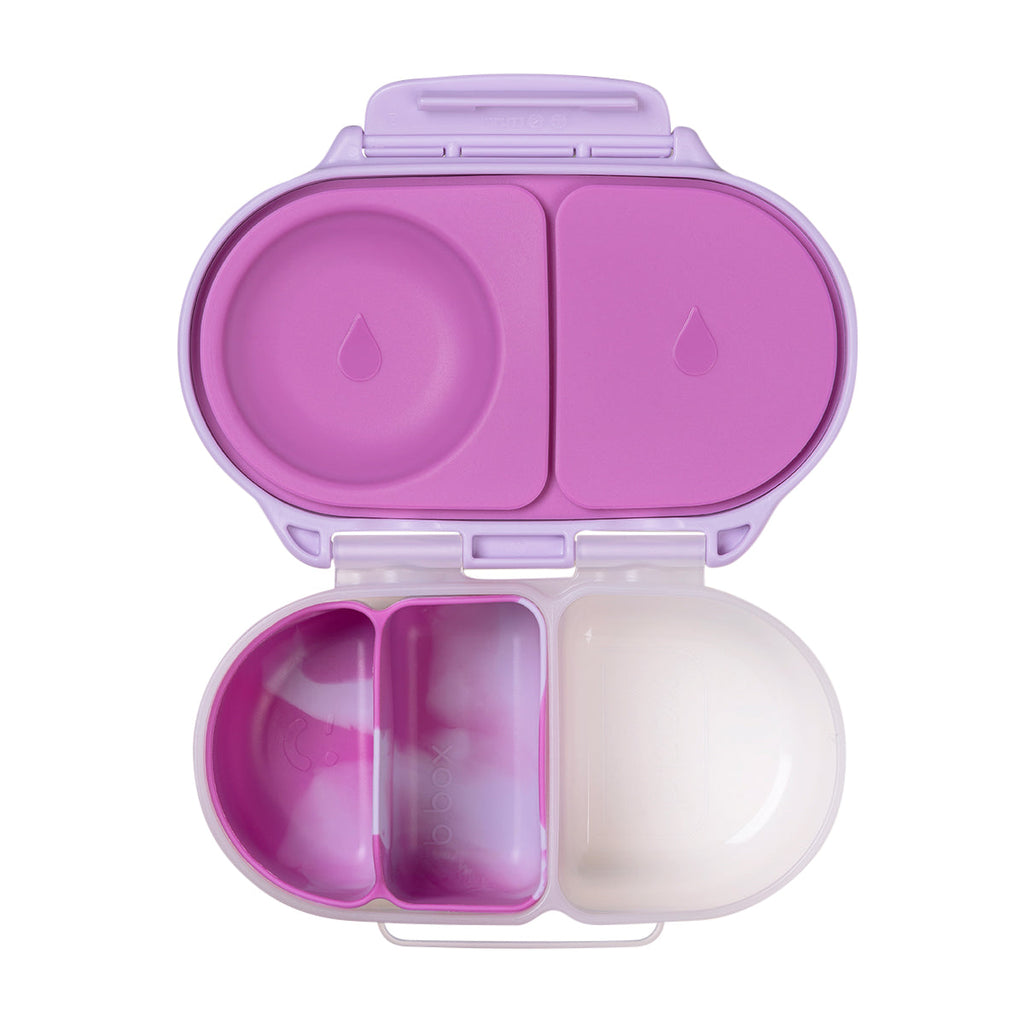 Purple snack container with two compartments on a white background