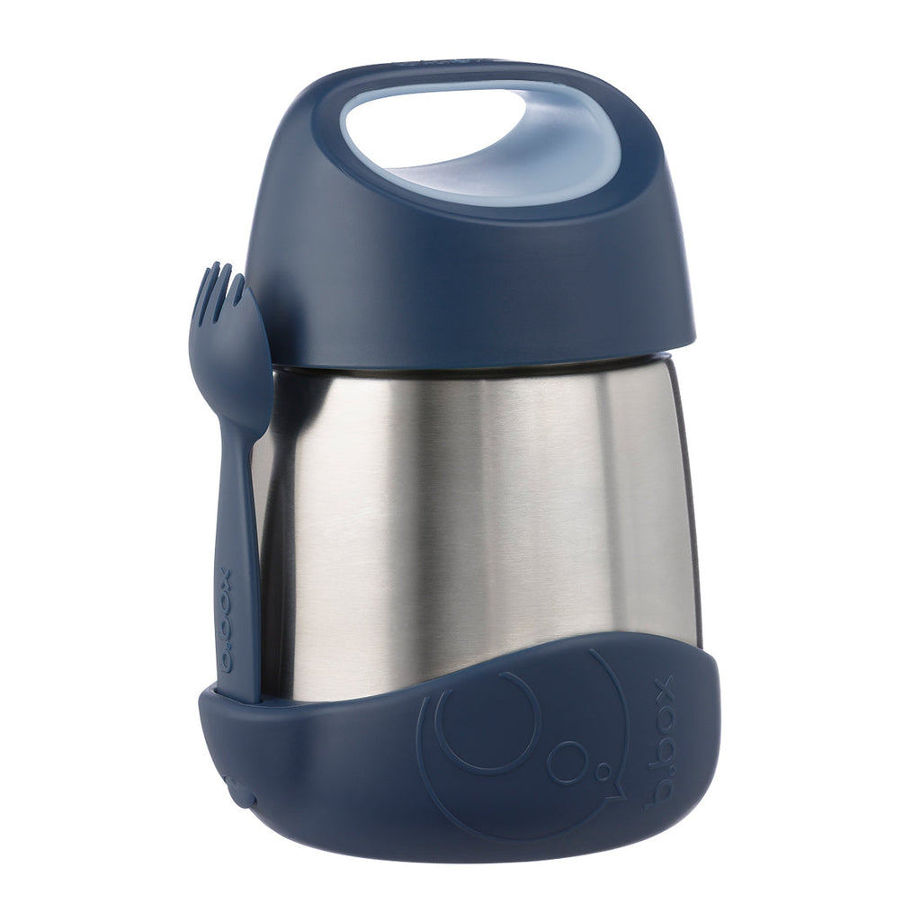 Stainless steel bbox food jar with midnight blue lid and handle on a white background