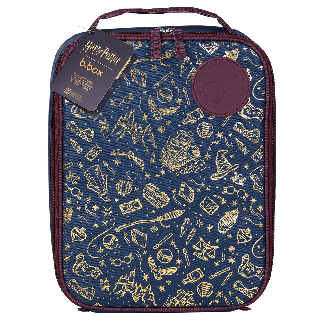 bbox Blue lunch box with gold Harry Potter-themed illustrations on a white background