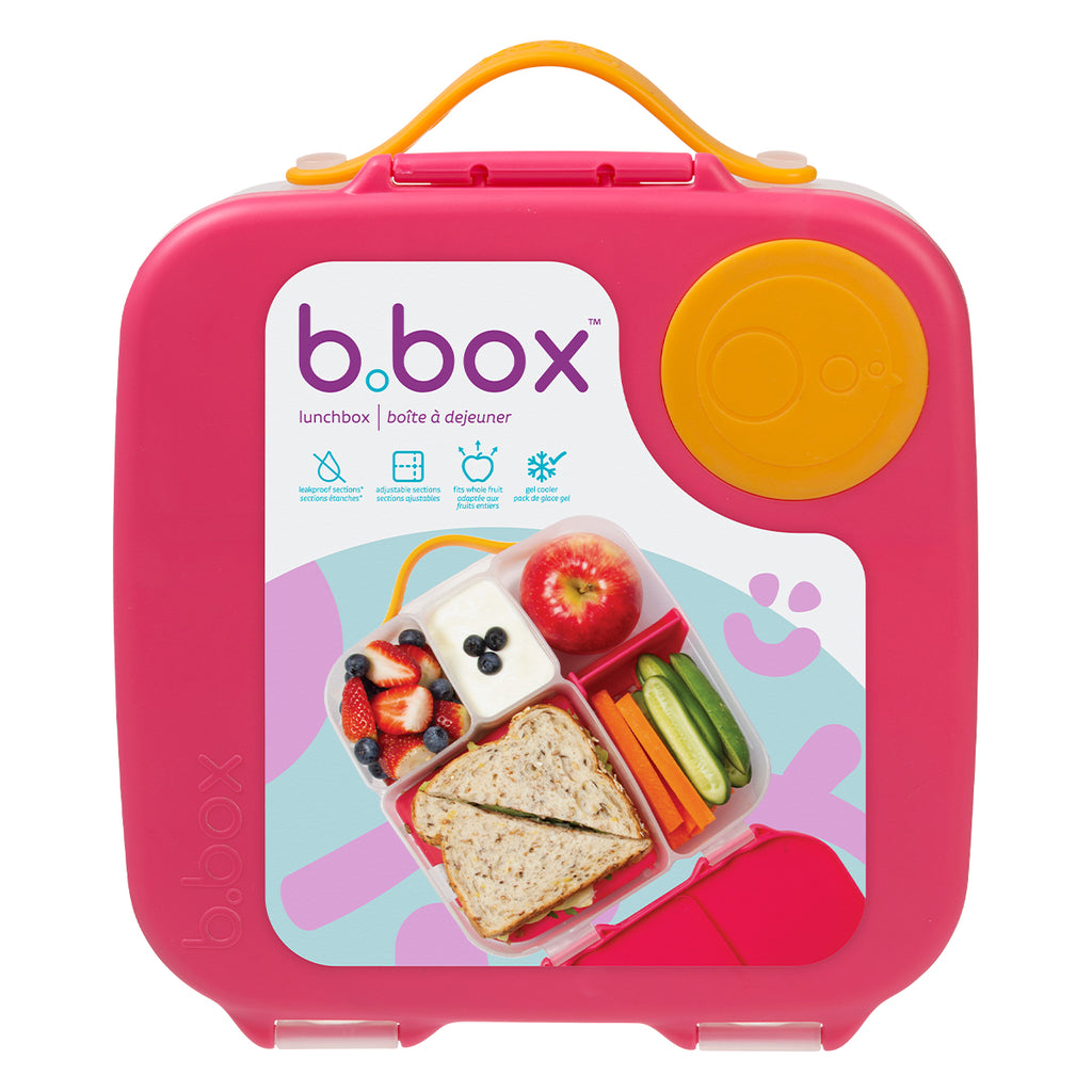 Pink b.box lunch box with a yellow handle on a white background