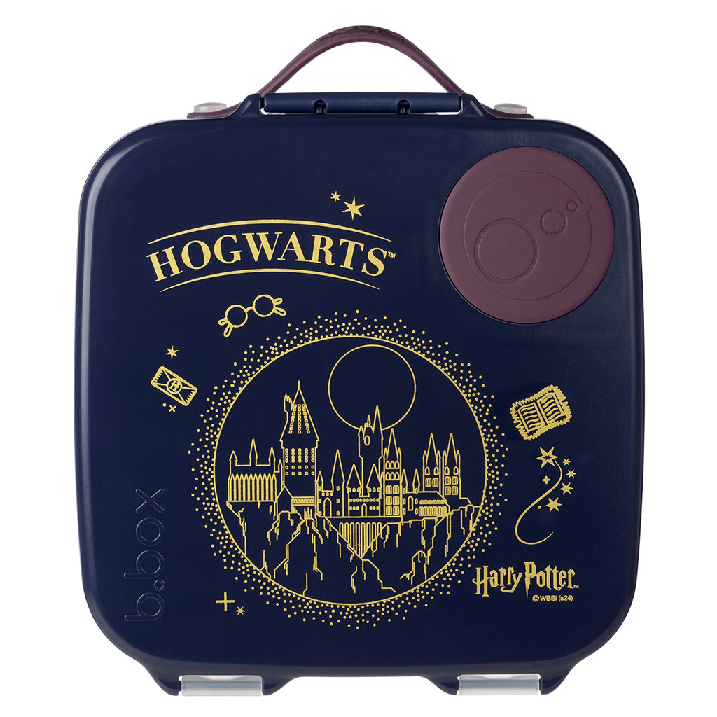 b.box Navy blue lunch box with gold 'Hogwarts' and castle design, featuring the Harry Potter logo.