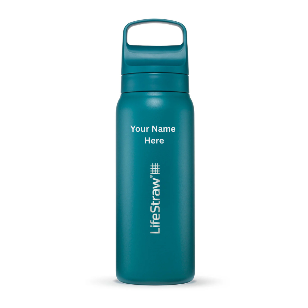 Teal LifeStraw 700ml water bottle with customizable text