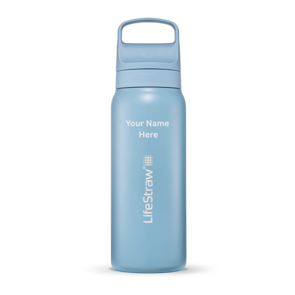 Blue LifeStraw water bottle with customizable text on a white background