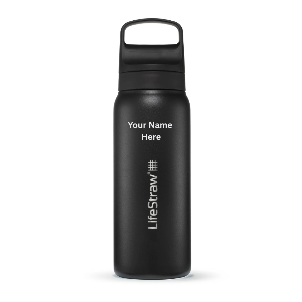 Black personalised 700ml insulated stainless steel LifeStraw Go 2.0 drink bottle. Creative Kids Lab