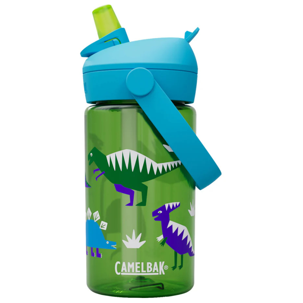 Camalbak Green water bottle with dinosaur design and blue lid on a white background