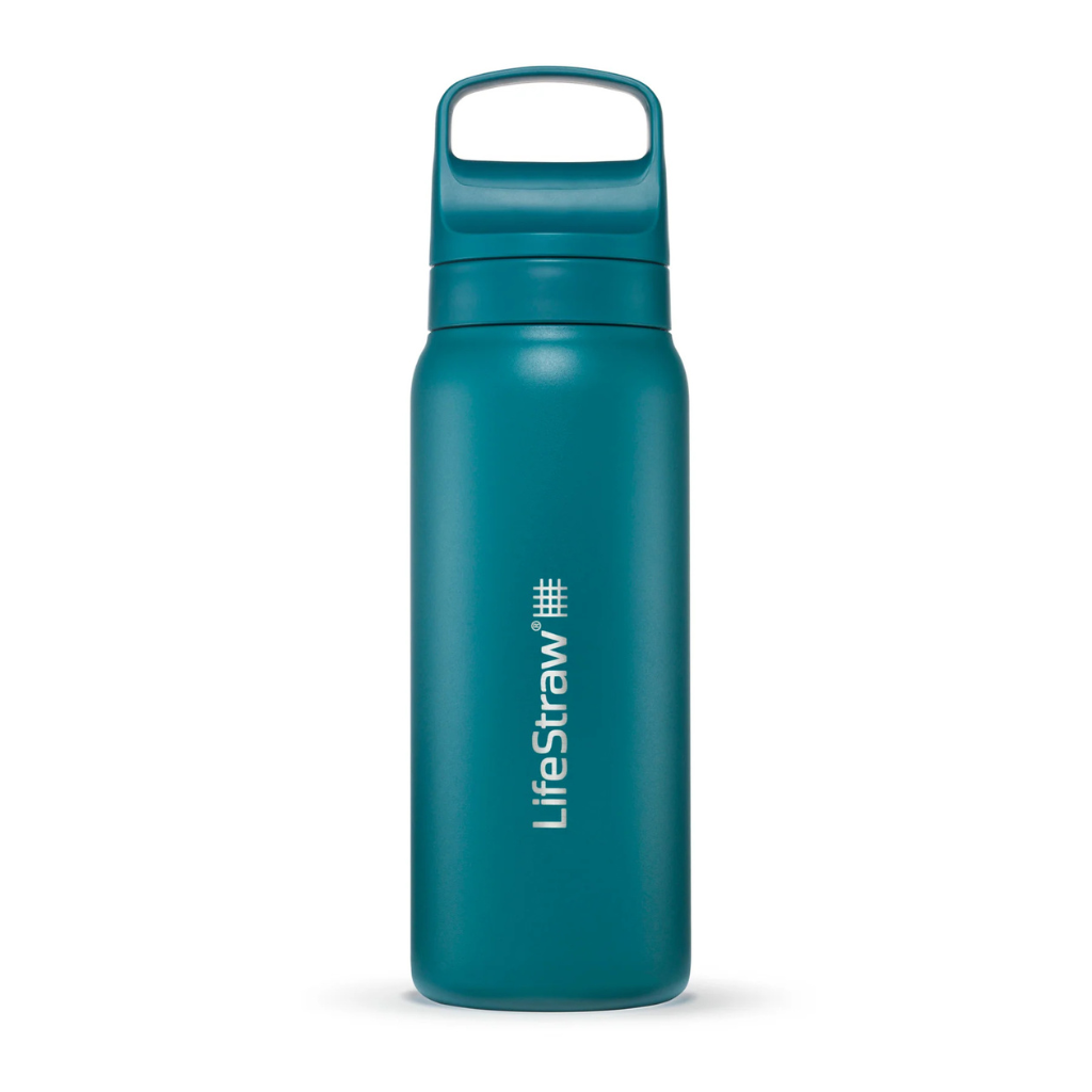 Teal water bottle with LifeStraw logo on a white background