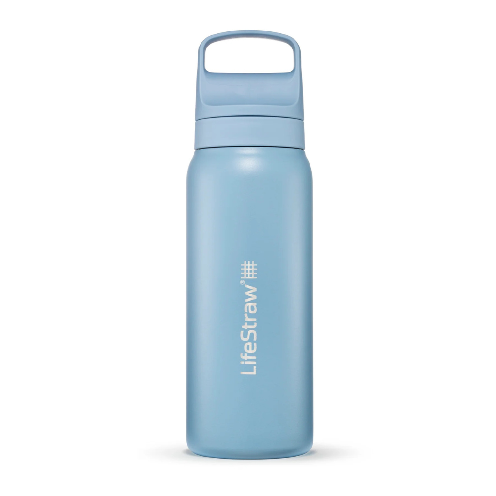 Blue water bottle with LifeStraw logo on a white background