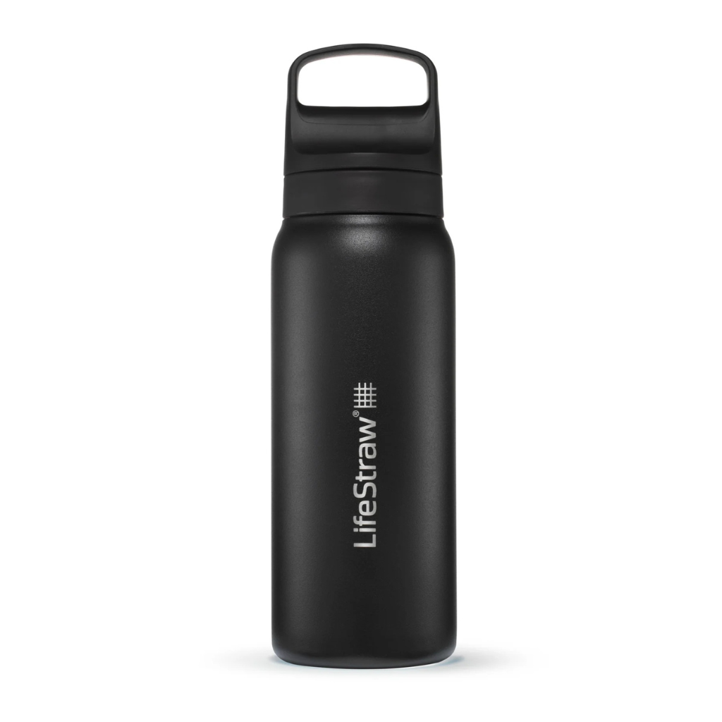 Black 700ml insulated stainless steel LifeStraw Go 2.0 drink bottle. Creative Kids Lab