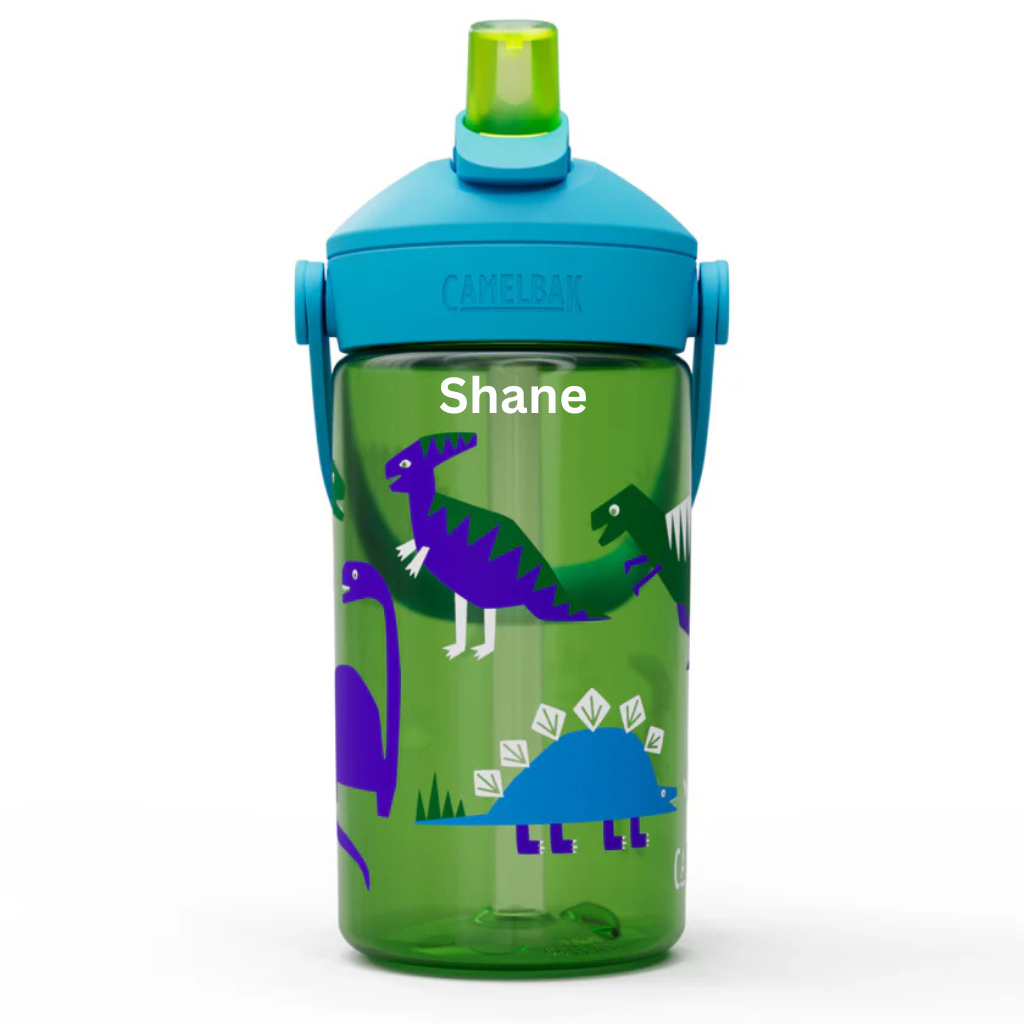 Personalised Camalbak Green water bottle with dinosaur design and blue lid on a white background