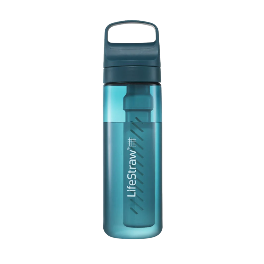 Blue LifeStraw water bottle on a white background