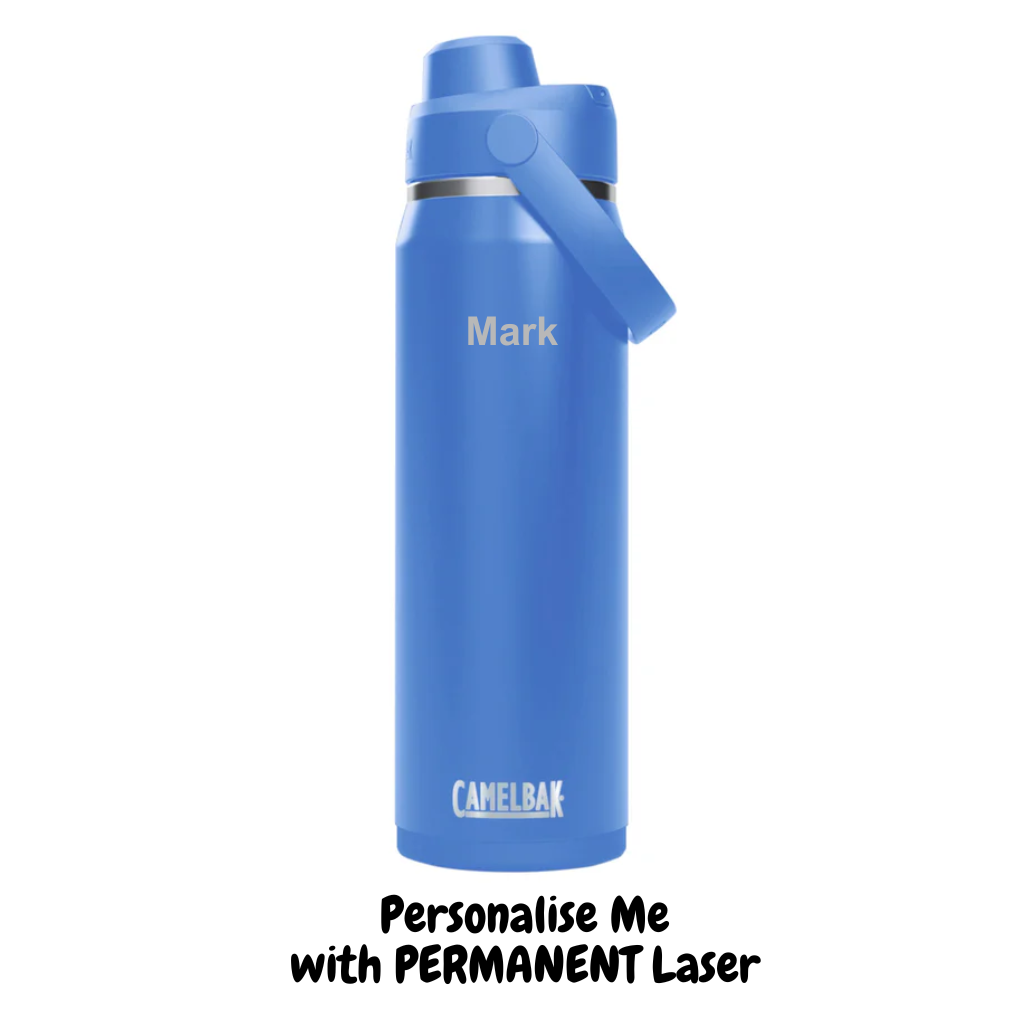 Blue CamelBak water bottle with a name engraved on a white background