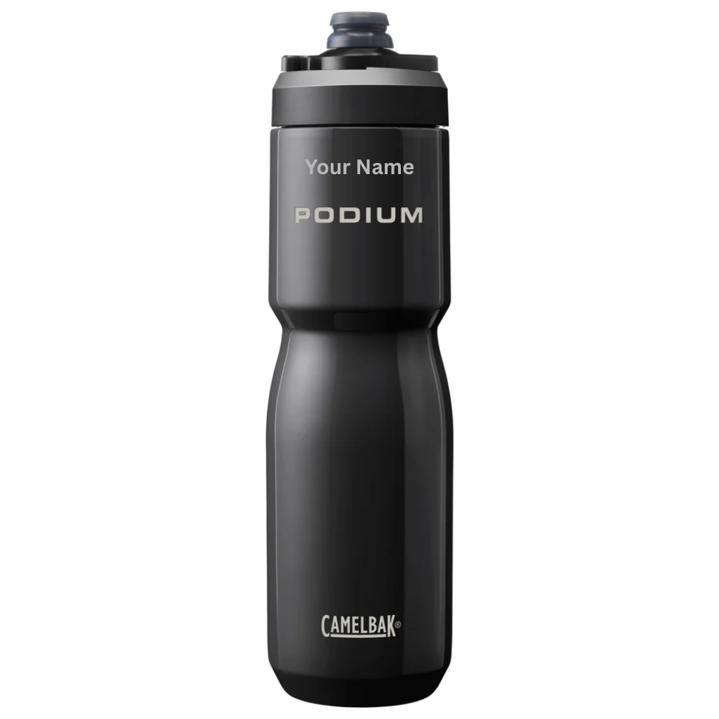 Black CamelBak Podium insulated stainless steel water bottle with name engraved