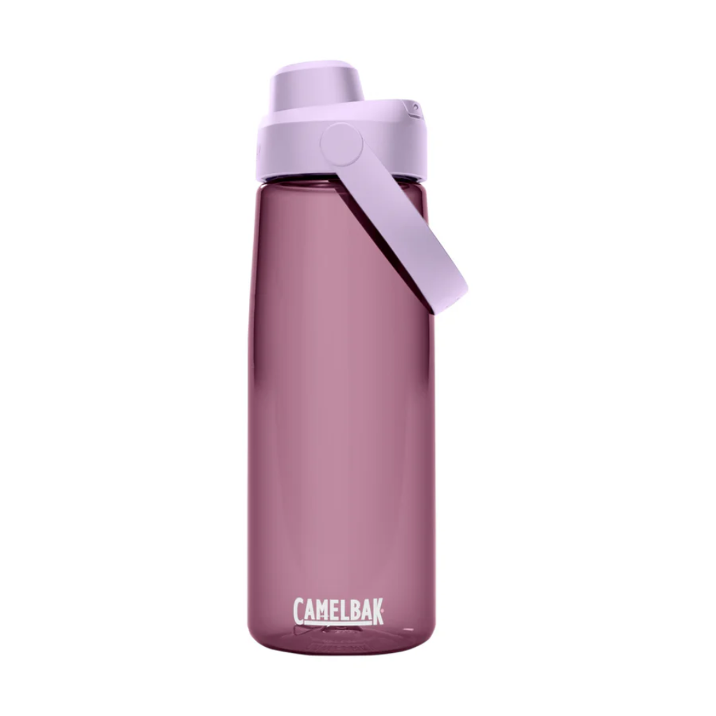 CamelBak water bottle with purple body and purple chug lid on a white background