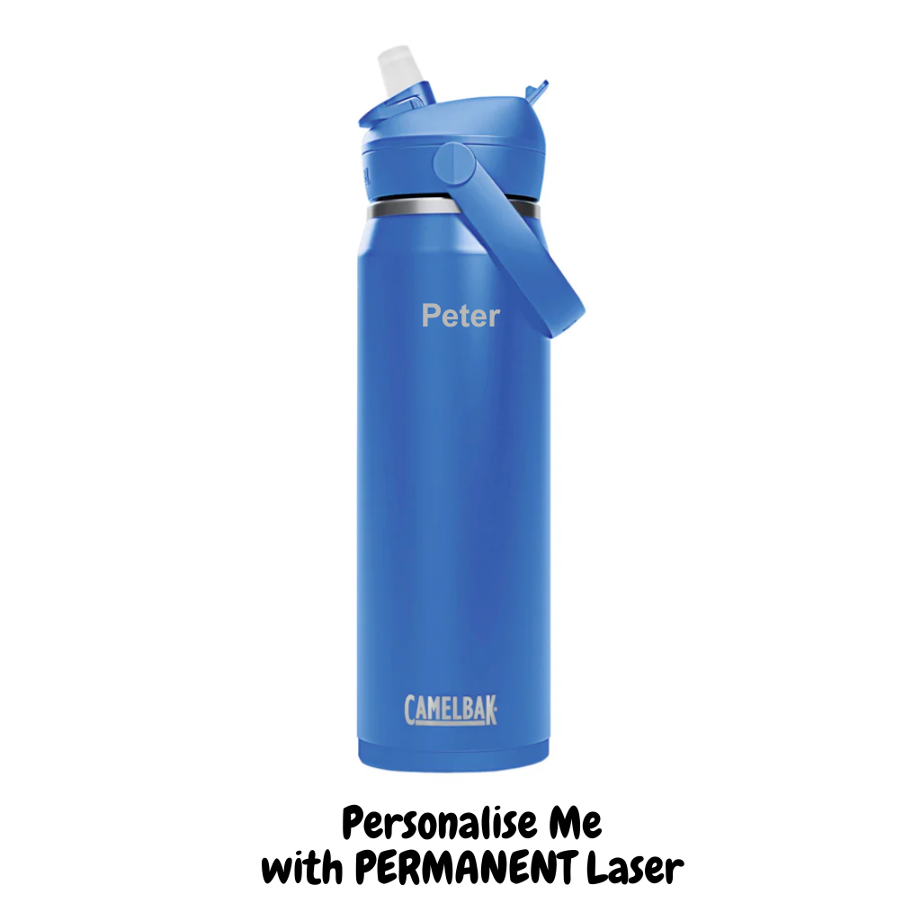 Sky blue camelbak insulated stainless steel thrive drink bottle with name etched in for personalisation