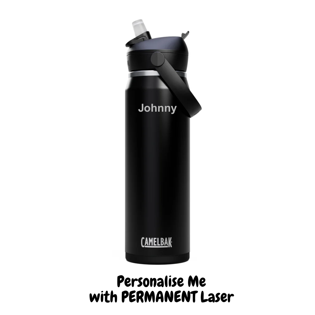 black camelbak thrive stainless steel insulated drink bottle 750ml with flip straw with name engraved in side