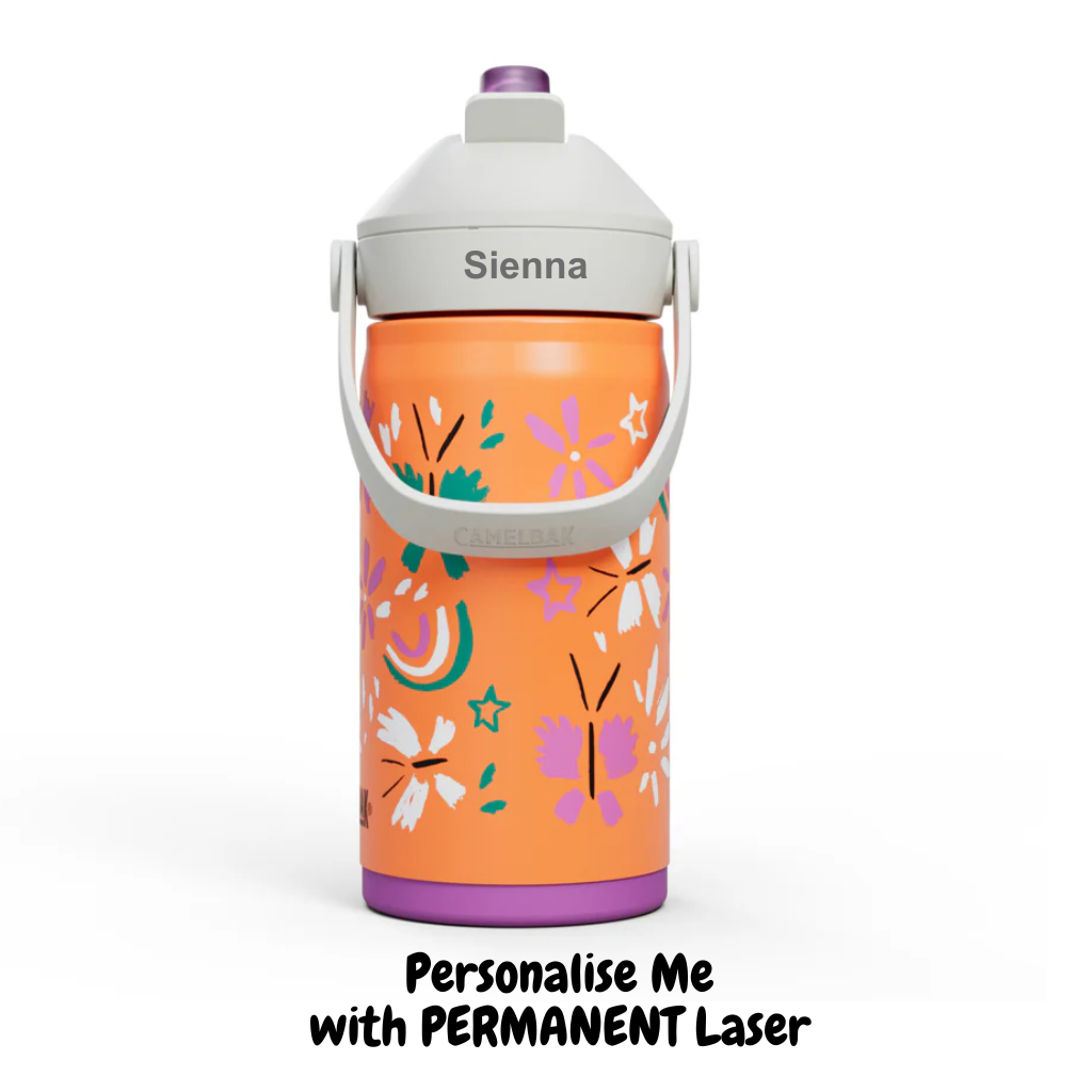 Camelbak vacuum sealed insulated stainless steel kids drink bottle thrive with flip straw in butterfly rainbow orange, personalised with name engraving