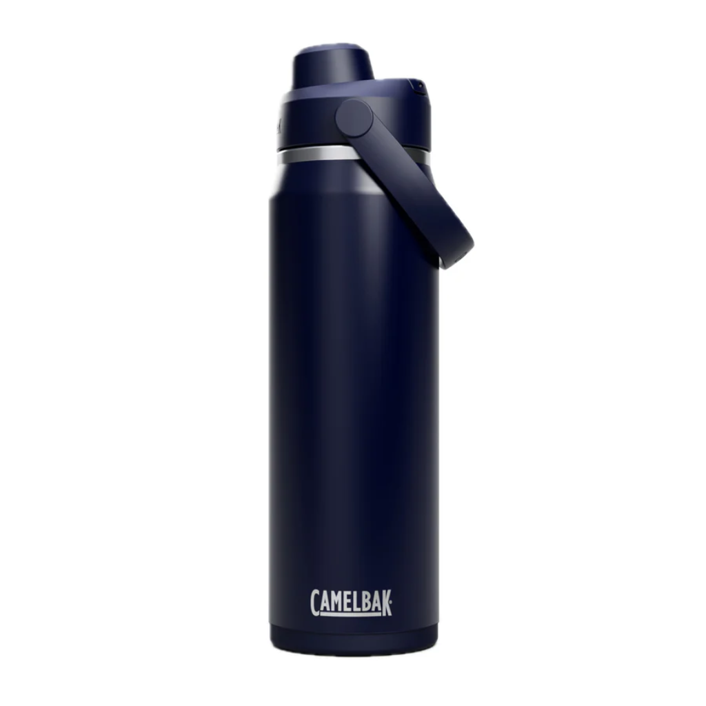 Navy blue CamelBak thrive stainless water bottle on a white background