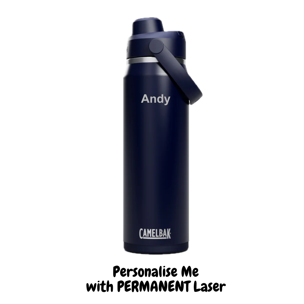Navy blue CamelBak water bottle with name personalized on a white background