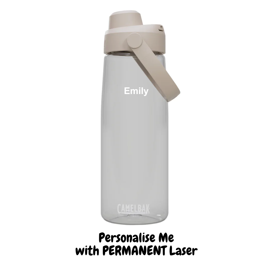Clear Camelbak chug tritan 750ml water bottle with beige cap with a name etched in to the side