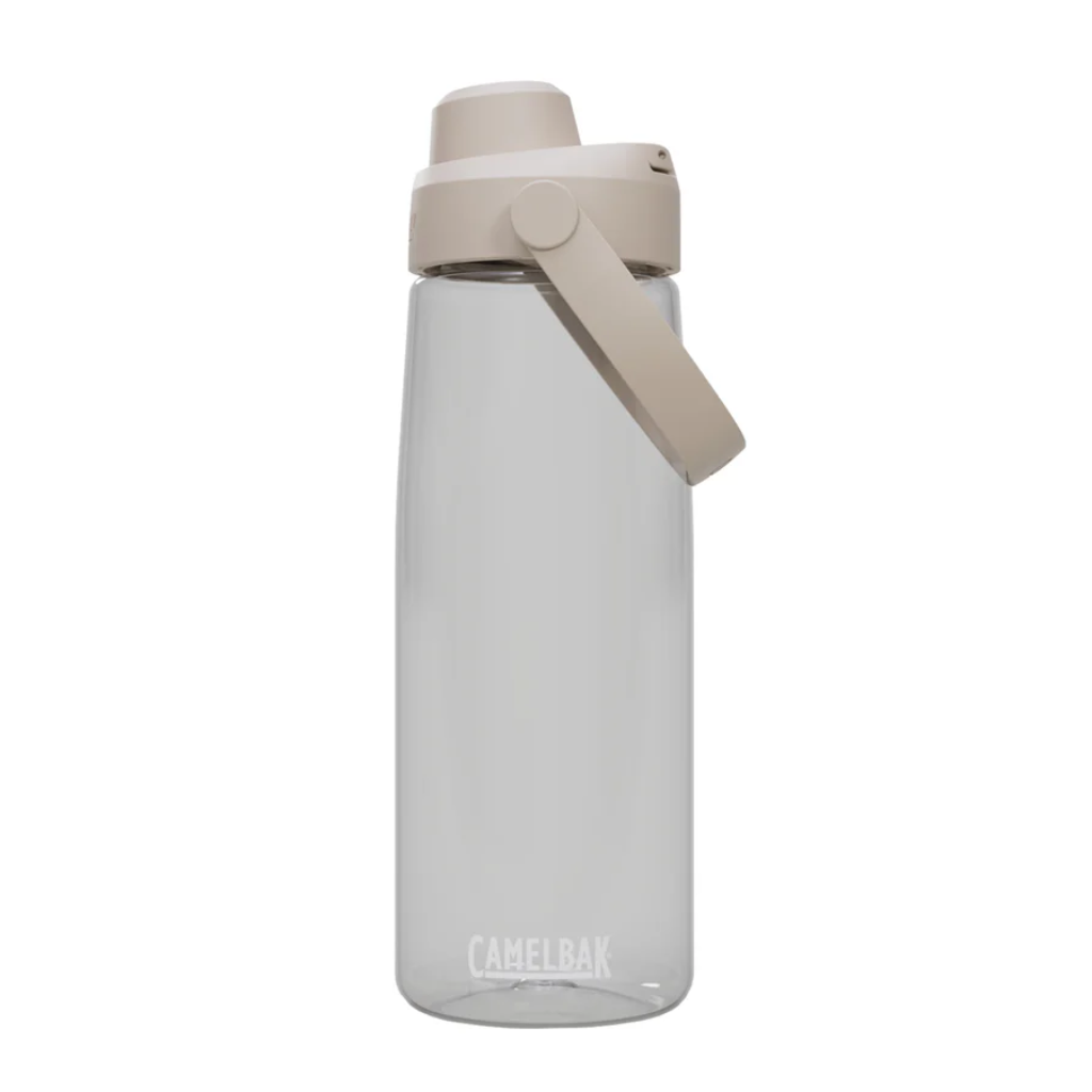 Clear Camelbak chug tritan 750ml water bottle with beige cap and handle on a white background