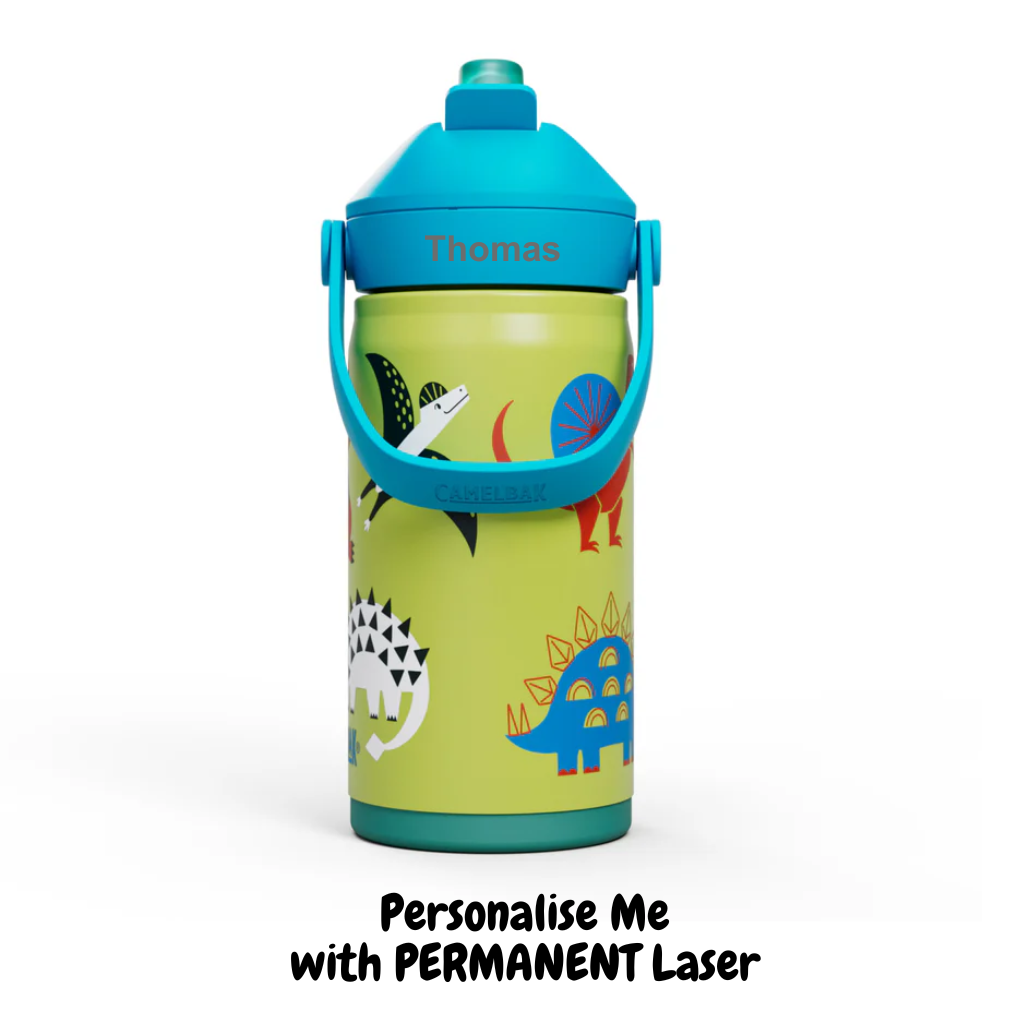 Camelbak dino jam insulated stainless steel flip top thrive kids drink bottle 350ml with name engraved