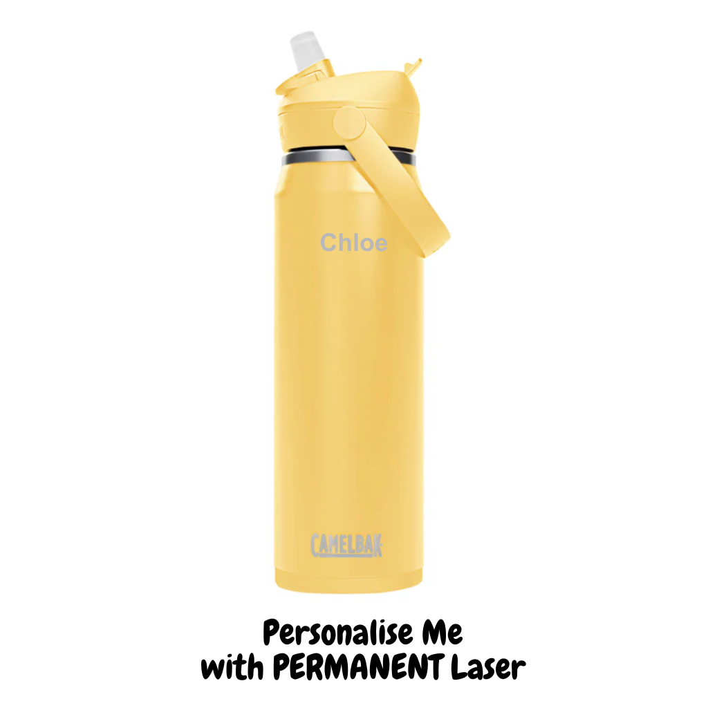 Camelbak thrive flip straw insulated stainless steel drink bottle in yellow bloom with laser engraved name