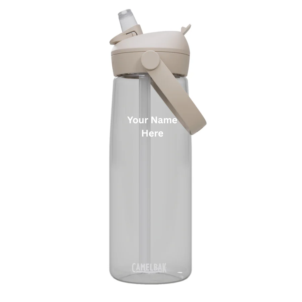 CamelBak water bottle with beige lid and strap on a white background