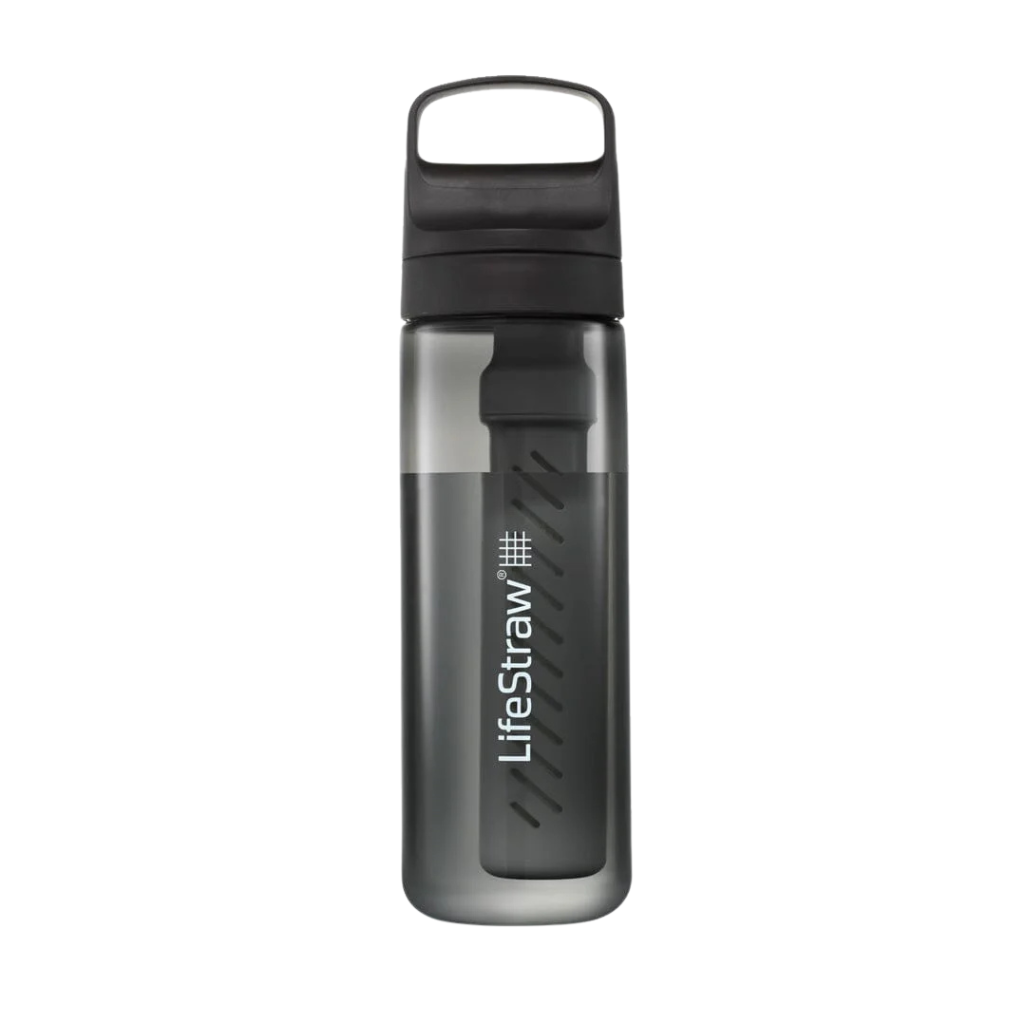 LifeStraw water bottle with black cap on a white background