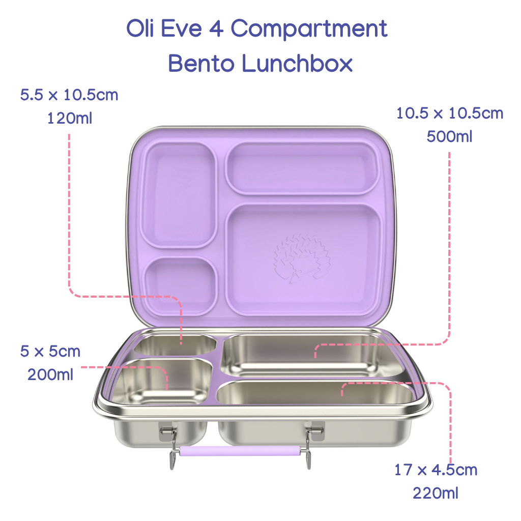 Oli Eve 4 compartment stainless steel bento kids lunchbox with dimensions labeled on a white background