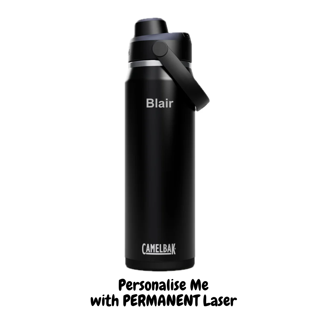 Black CamelBak water bottle with name engraved on a white background